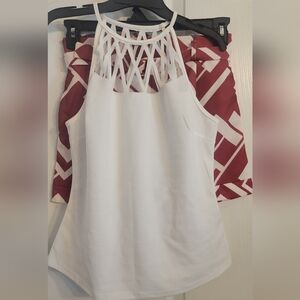 SHEIN White Halter Tank Top with Red Patterned Shorts